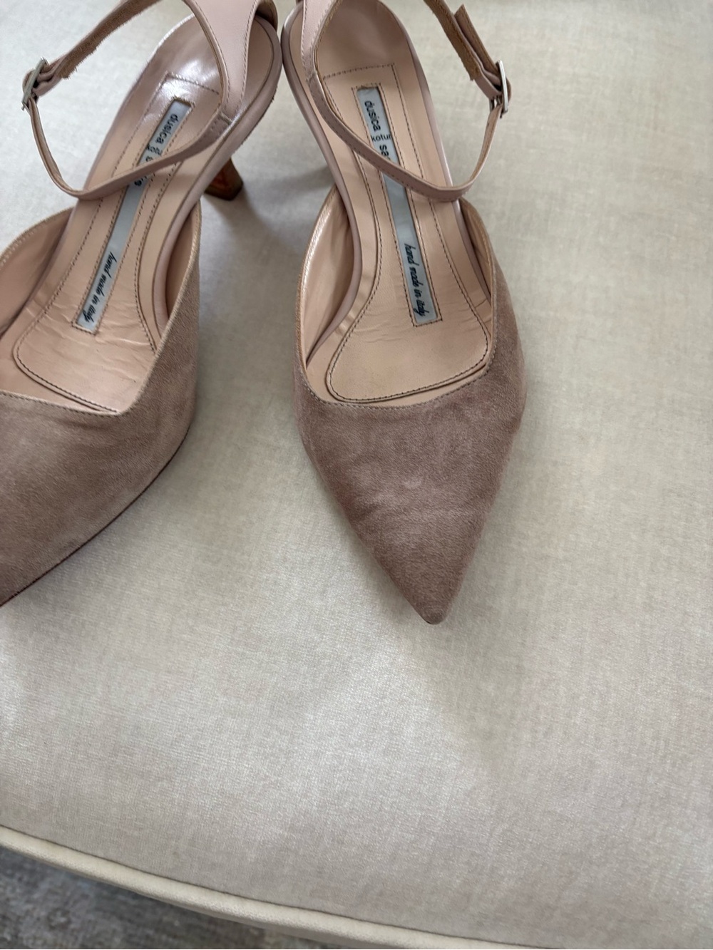 Dusica Sacks  Pointed Toe Suede Ankle-Strap Pumps in Taupe .Size 38. Wooden heel